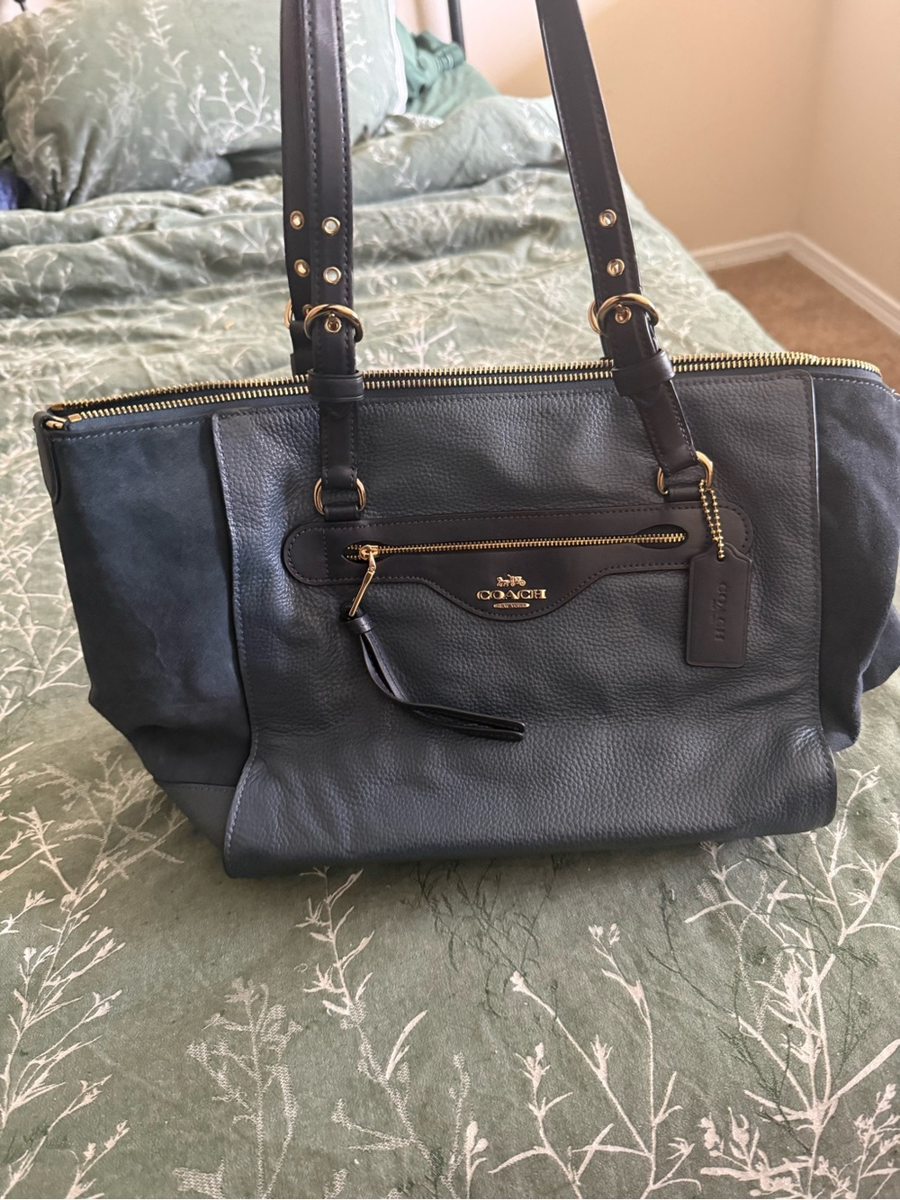 Coach Navy Blue Leather & Suede Shoulder Tote with Gold Hardware